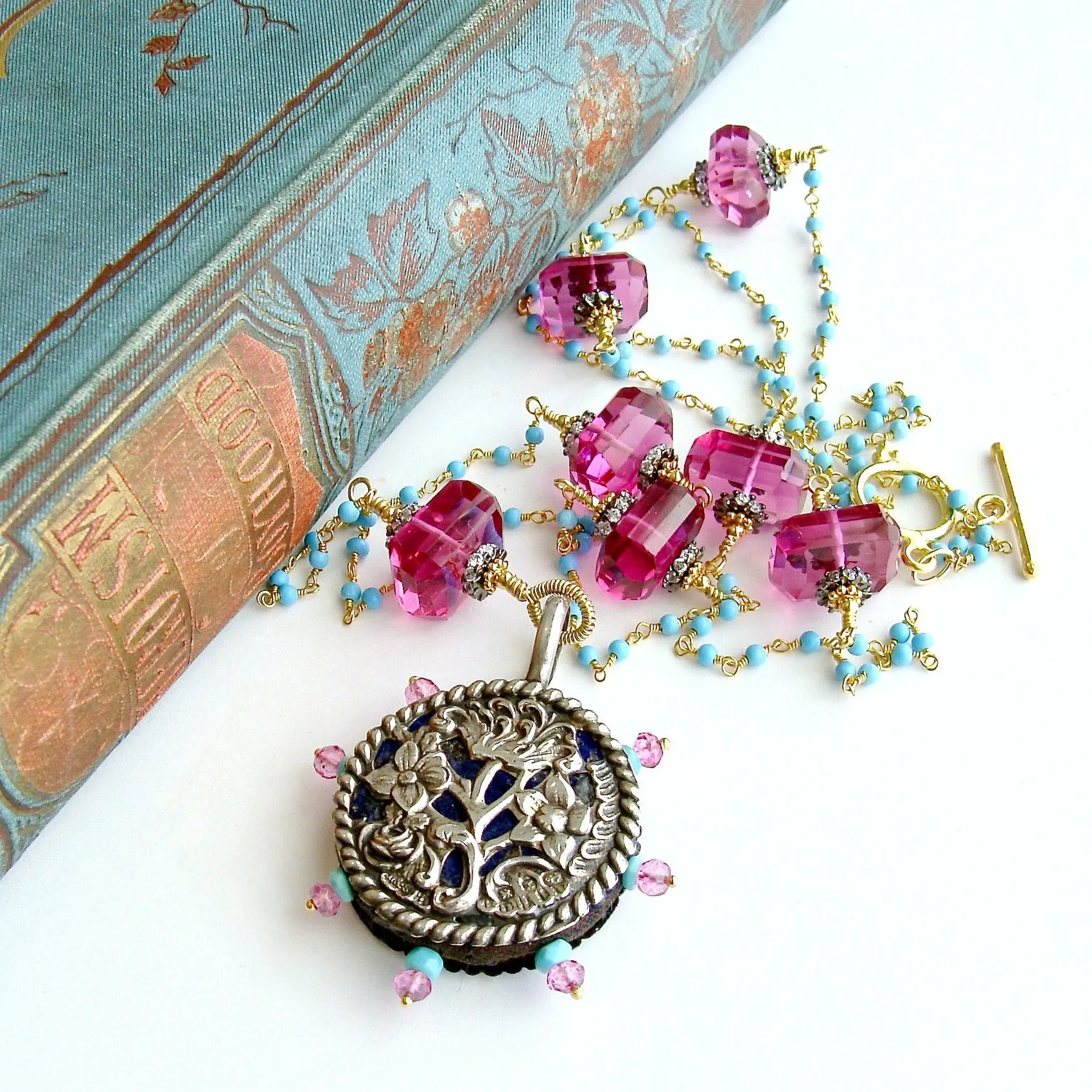 Sleeping Beauty Turquoise Pink Topaz Pink Quartz Victorian Sterling Pin Wheel Necklace - Serenity Necklace