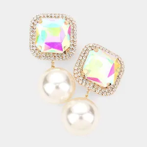 Square Aurora Borealis Stone Pearl Gold Clip on Earrings
