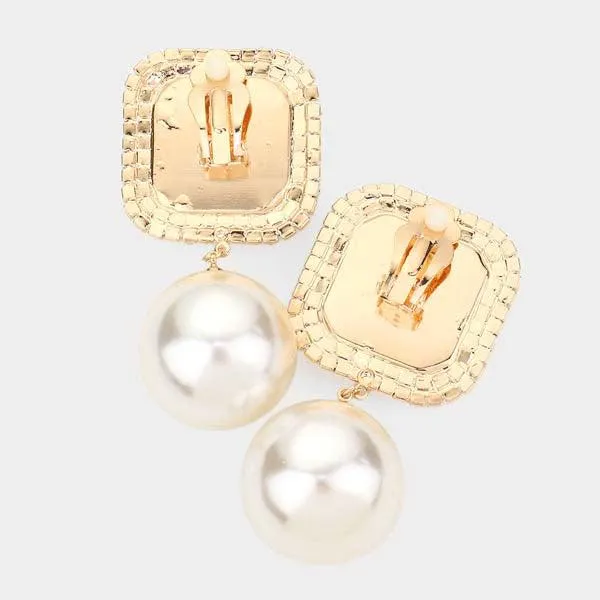 Square Aurora Borealis Stone Pearl Gold Clip on Earrings