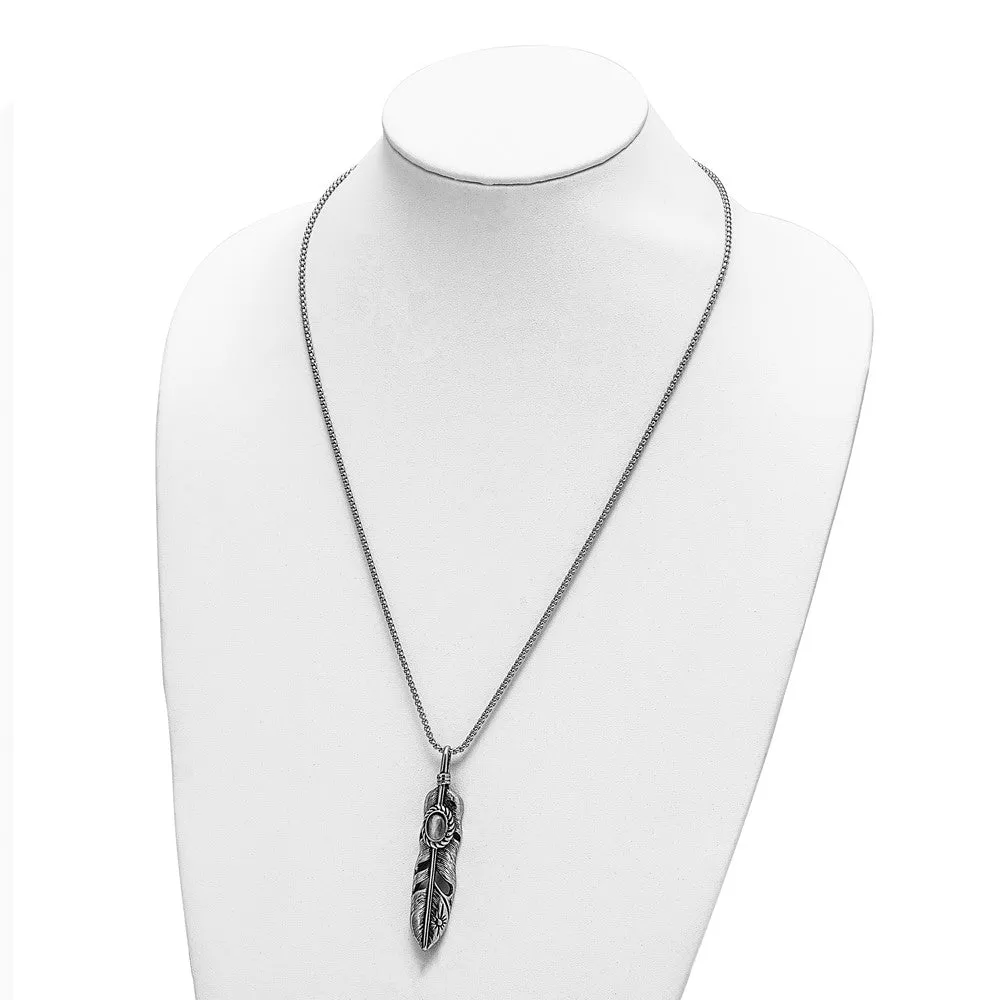 Stainless Steel Antiqued & Polished w/White Cat's Eye Feather 24in Necklace