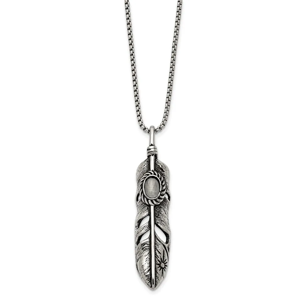 Stainless Steel Antiqued & Polished w/White Cat's Eye Feather 24in Necklace