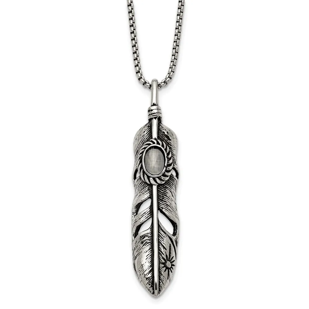 Stainless Steel Antiqued & Polished w/White Cat's Eye Feather 24in Necklace