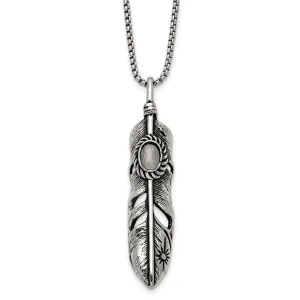 Stainless Steel Antiqued & Polished w/White Cat's Eye Feather 24in Necklace