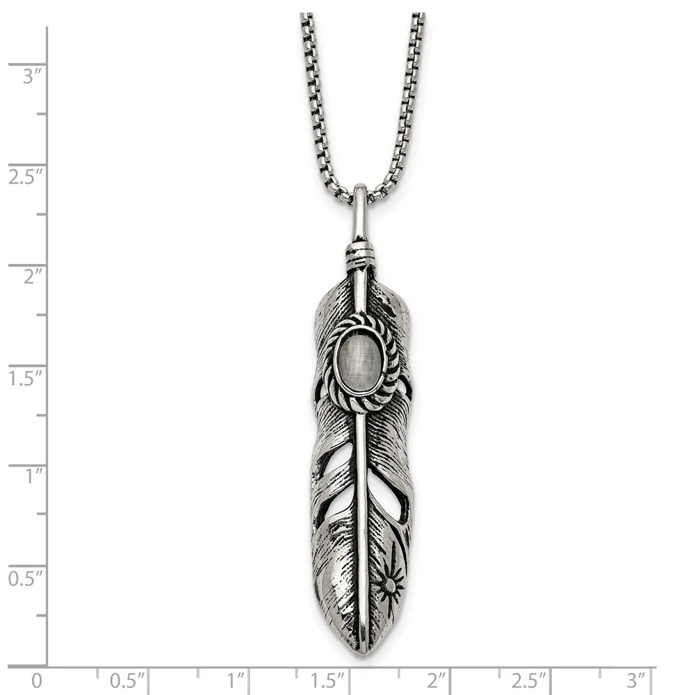 Stainless Steel Antiqued & Polished w/White Cat's Eye Feather 24in Necklace