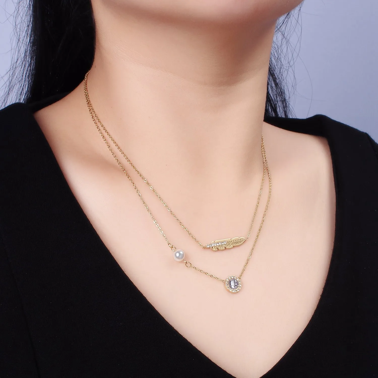 Stainless Steel Clear CZ Round Feather Pearl Cable Double Layer Stack Necklace | WA-2072