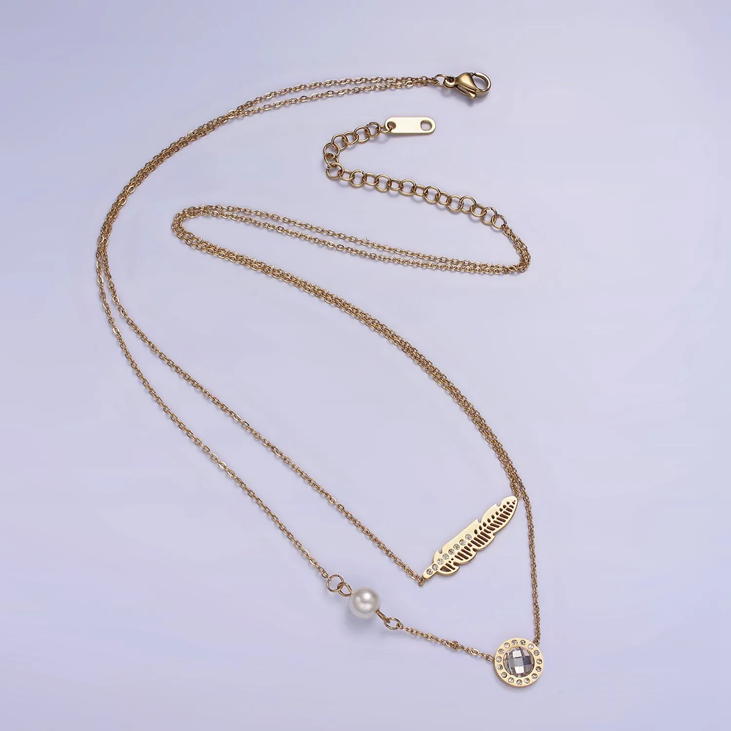 Stainless Steel Clear CZ Round Feather Pearl Cable Double Layer Stack Necklace | WA-2072