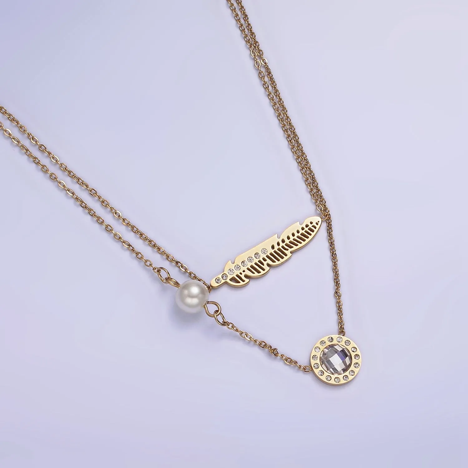 Stainless Steel Clear CZ Round Feather Pearl Cable Double Layer Stack Necklace | WA-2072