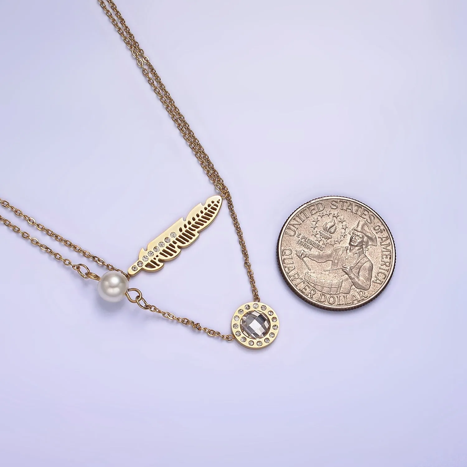 Stainless Steel Clear CZ Round Feather Pearl Cable Double Layer Stack Necklace | WA-2072