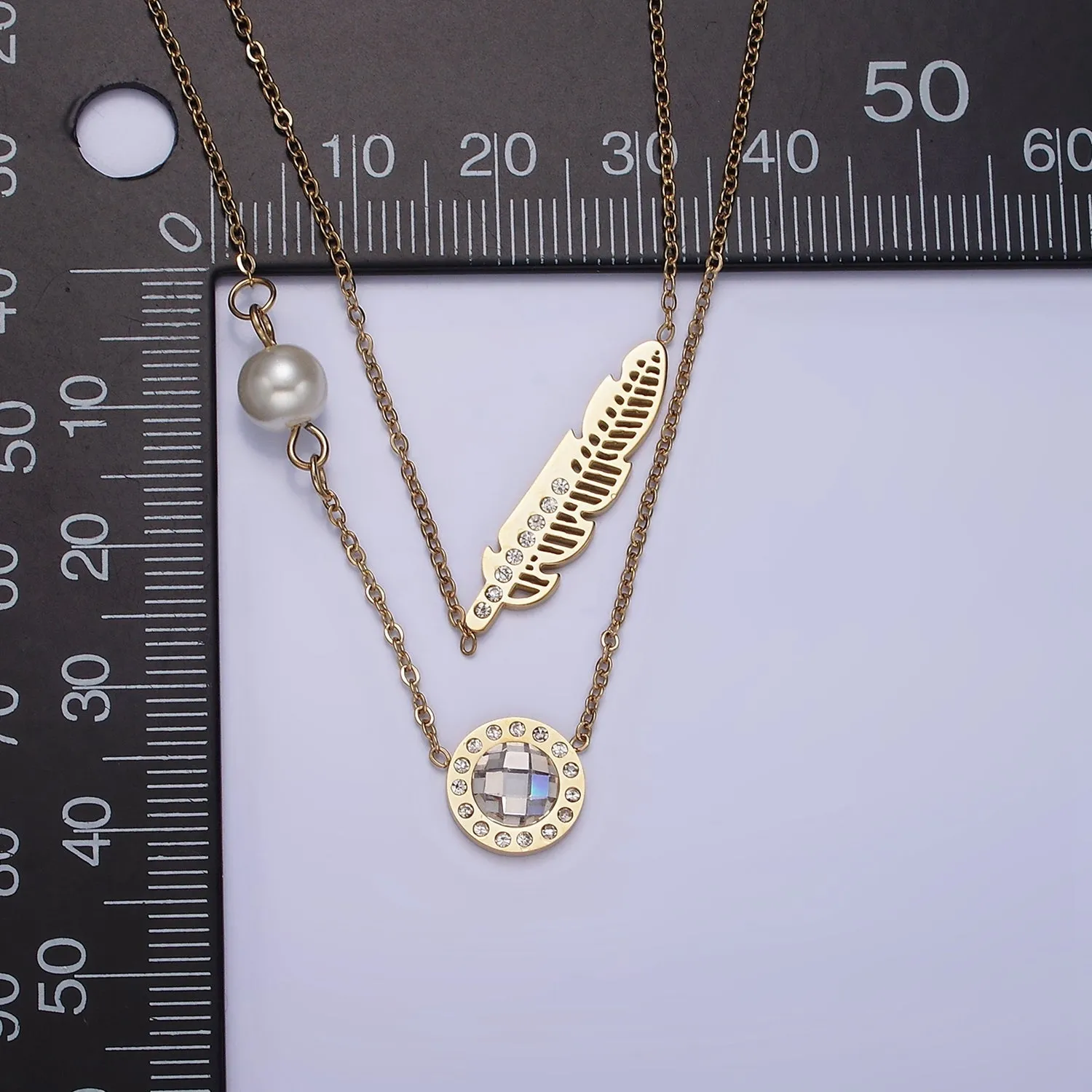 Stainless Steel Clear CZ Round Feather Pearl Cable Double Layer Stack Necklace | WA-2072