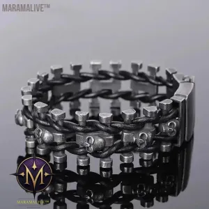 Steampunk Men's Skull Metal Bracelet Cutout Leather Braided Cuff Buckle Gothic Bracelet Motorcycle Rock Cuff Jewelry