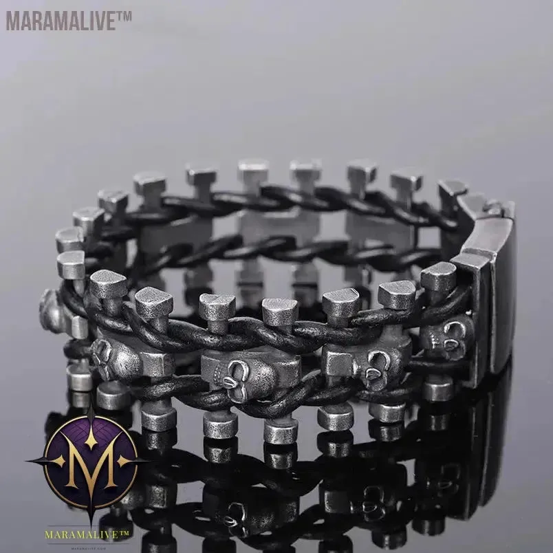 Steampunk Men's Skull Metal Bracelet Cutout Leather Braided Cuff Buckle Gothic Bracelet Motorcycle Rock Cuff Jewelry