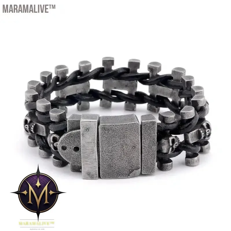 Steampunk Men's Skull Metal Bracelet Cutout Leather Braided Cuff Buckle Gothic Bracelet Motorcycle Rock Cuff Jewelry