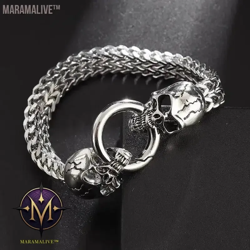Steampunk Men's Skull Metal Bracelet Cutout Leather Braided Cuff Buckle Gothic Bracelet Motorcycle Rock Cuff Jewelry