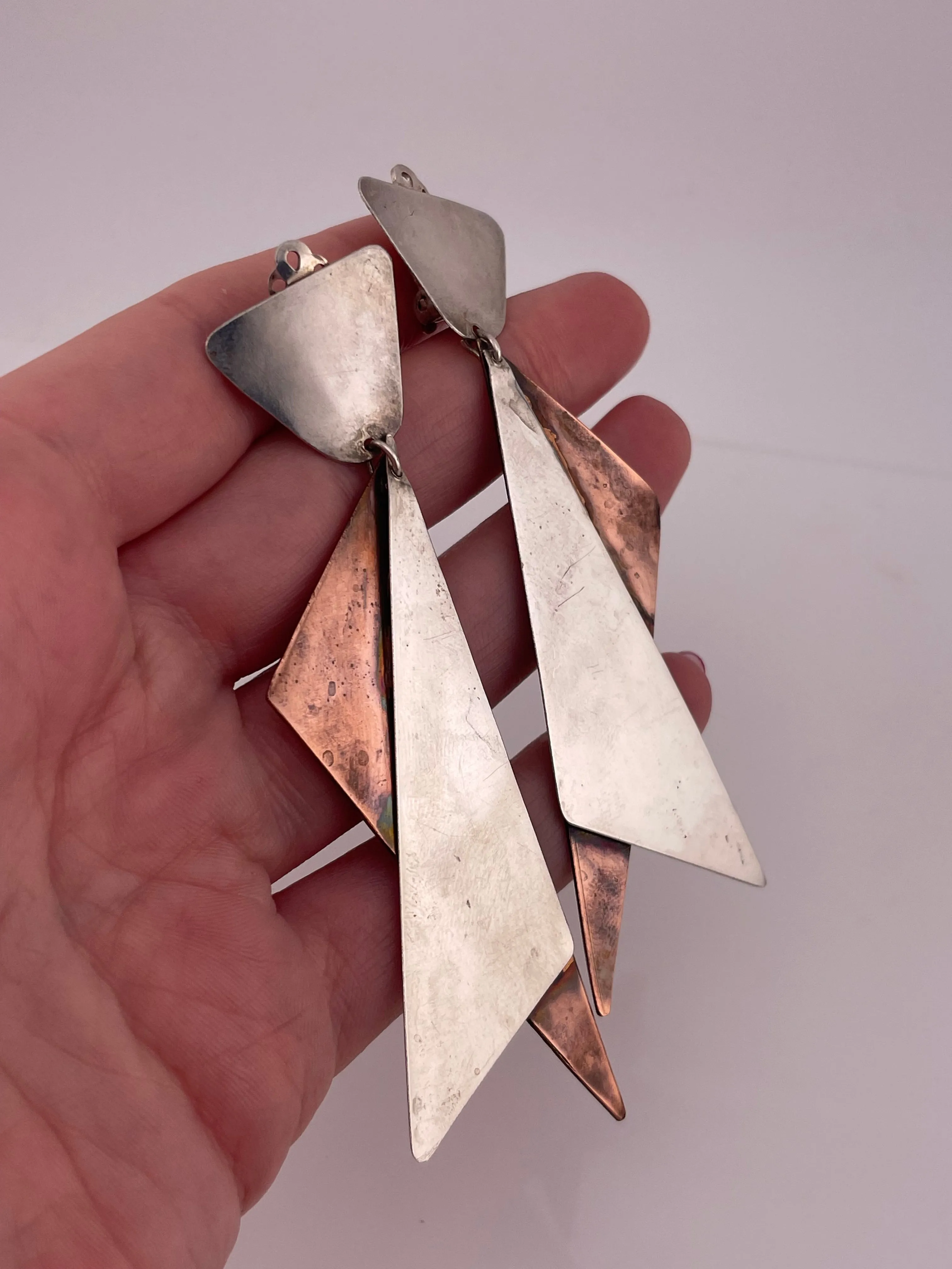 sterling silver & copper mixed 3-1/2" metal clip-on earrings