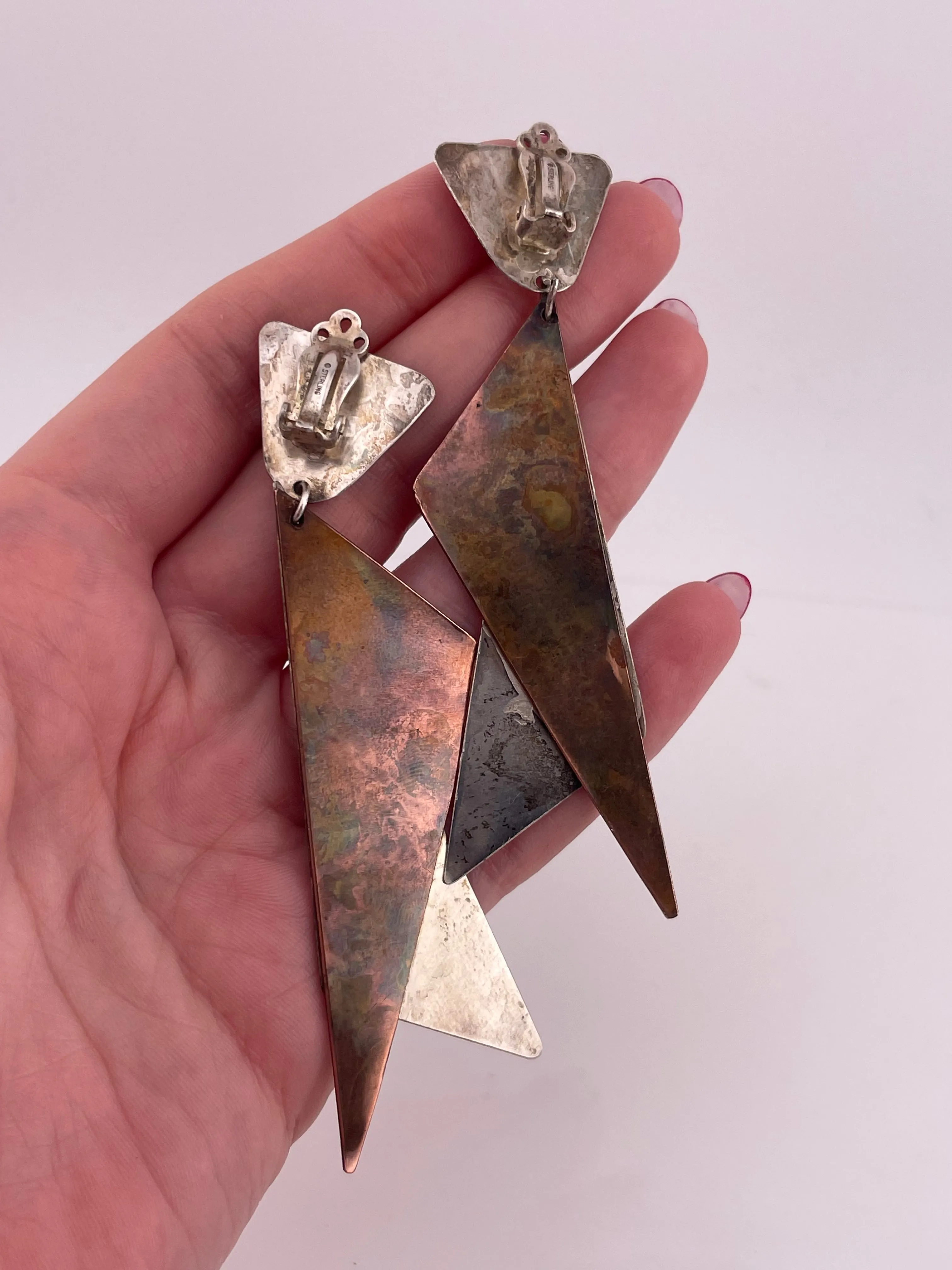 sterling silver & copper mixed 3-1/2" metal clip-on earrings