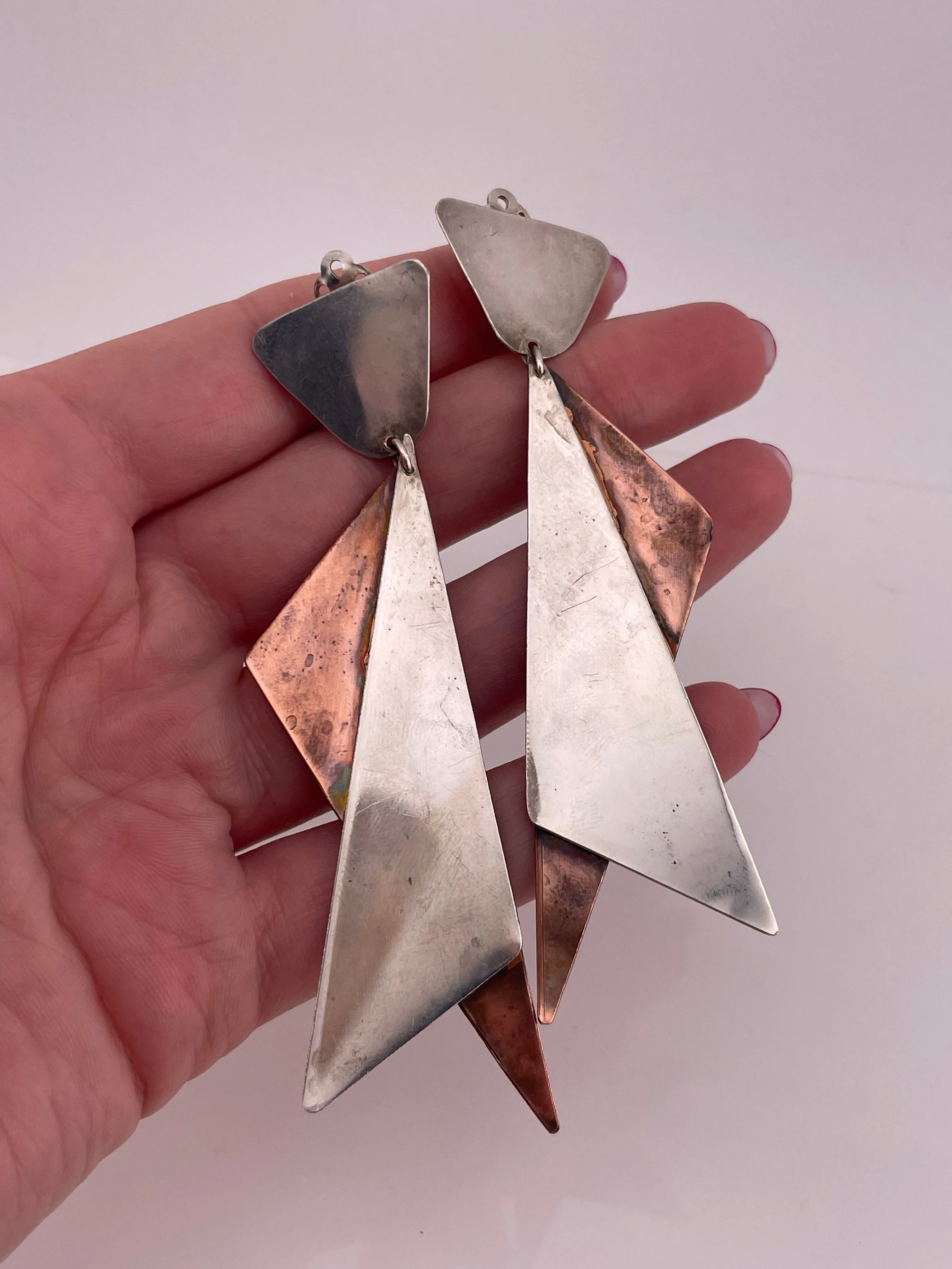 sterling silver & copper mixed 3-1/2" metal clip-on earrings