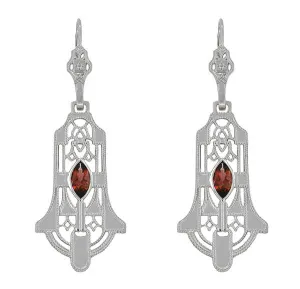 Sterling Silver Art Deco Geometric Almandite Garnet Dangling Filigree Earrings