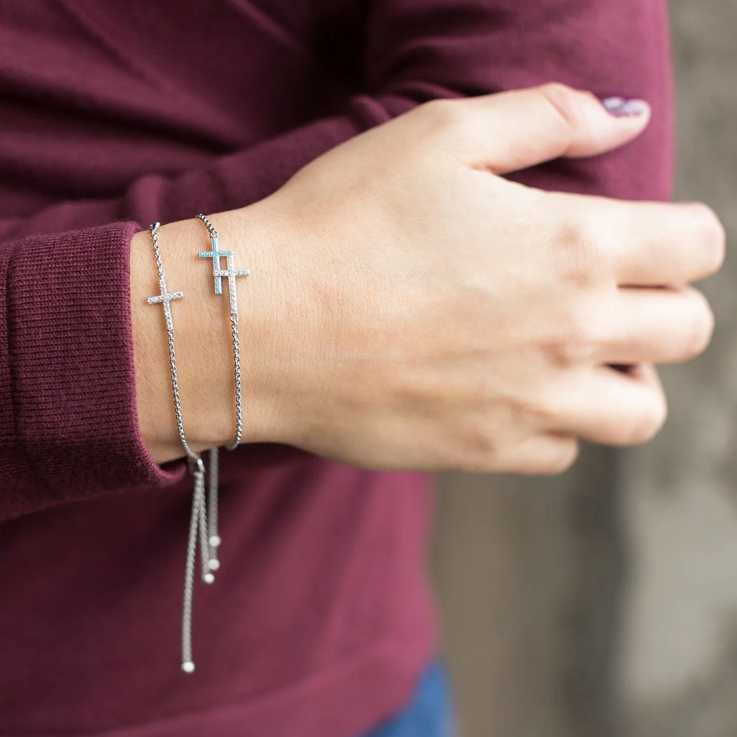 Sterling Silver CZ Cross Friendship Bolo Bracelet
