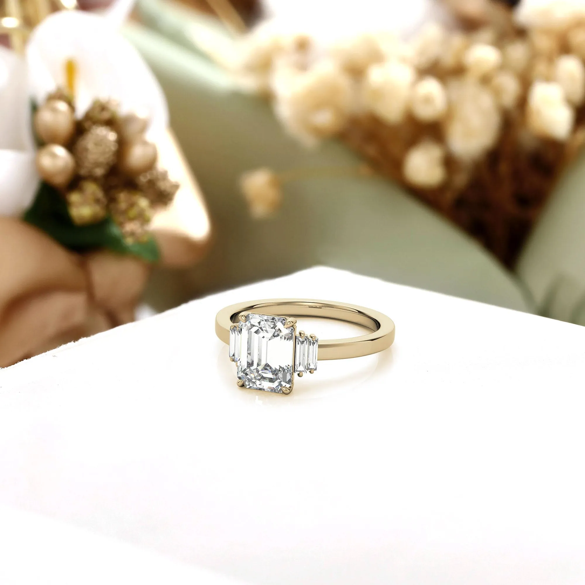 Sterling Silver Emerald-Cut Center Stone With Baguette Adjustable  Engagement Yellow Gold Ring For Woman