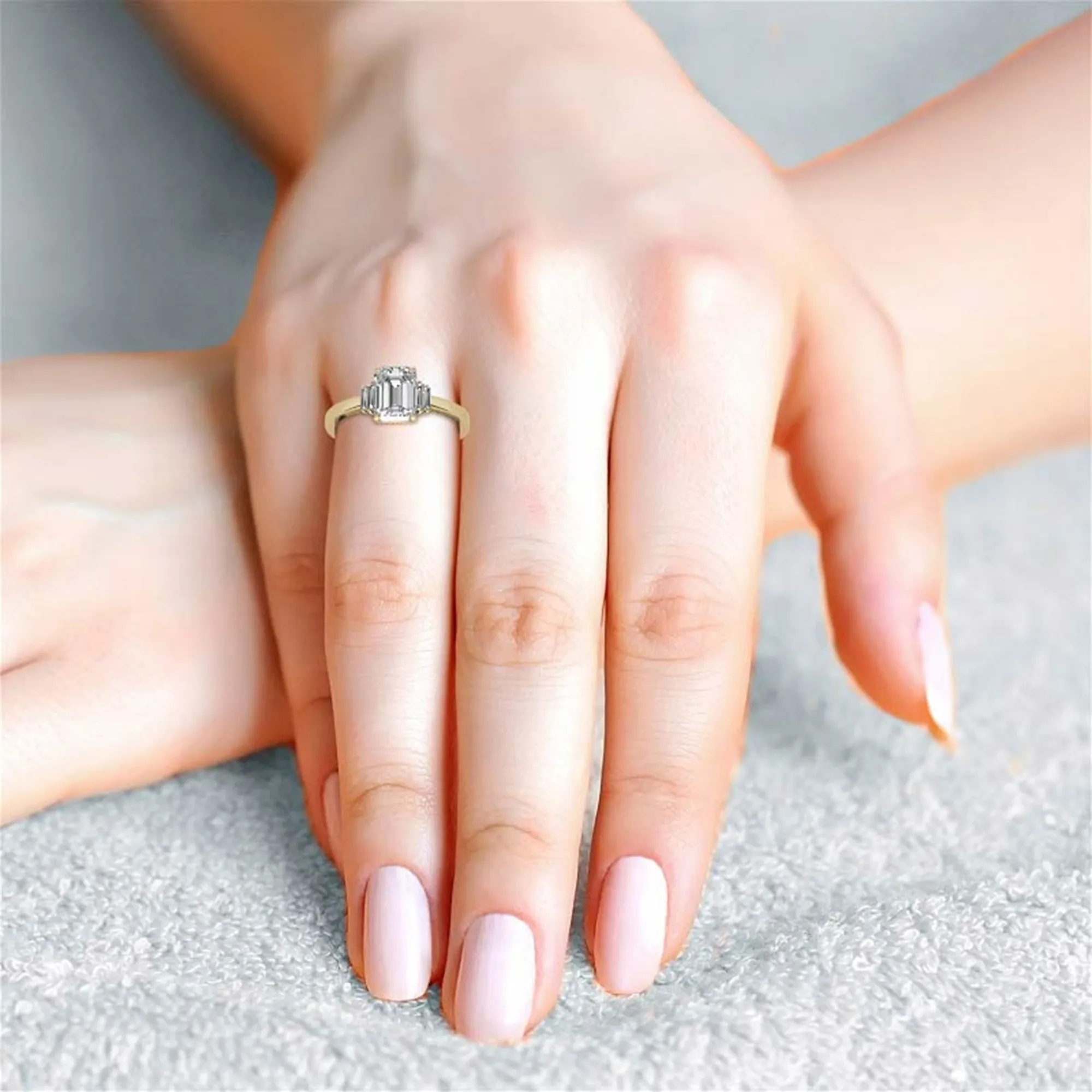Sterling Silver Emerald-Cut Center Stone With Baguette Adjustable  Engagement Yellow Gold Ring For Woman