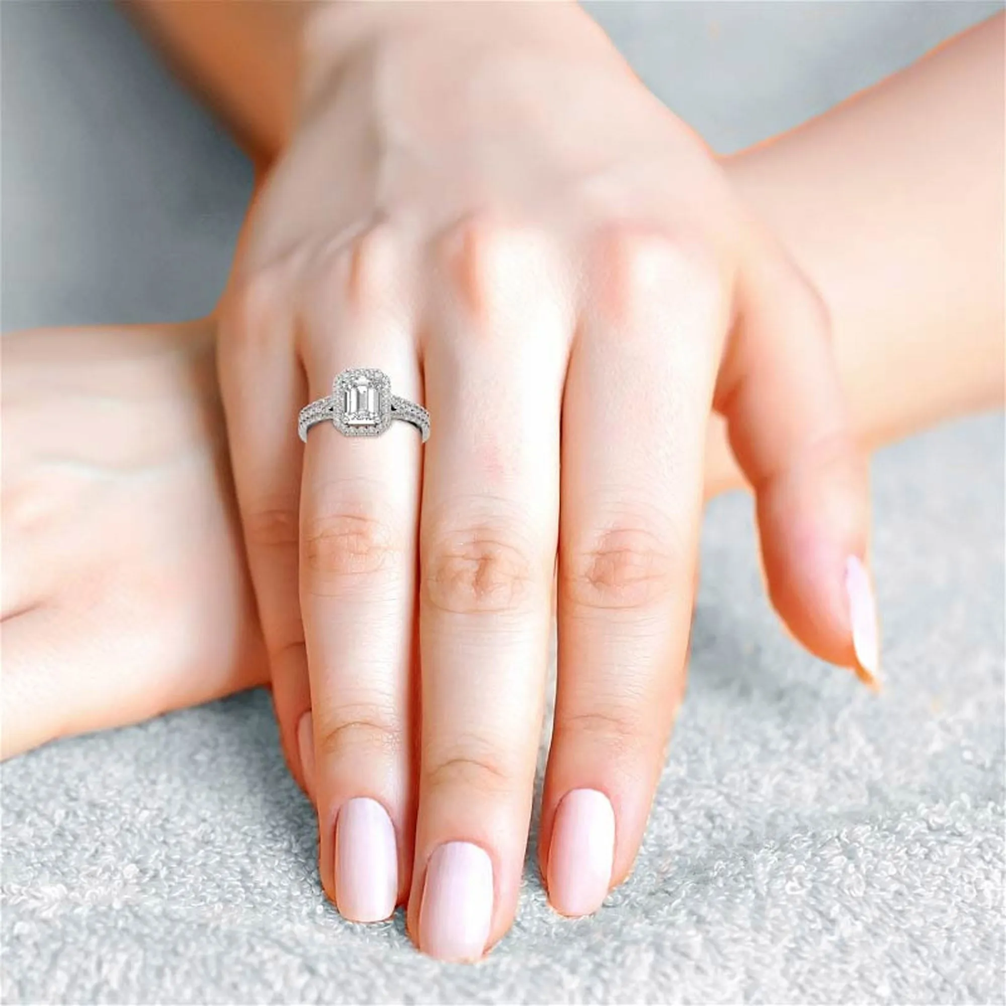 Sterling Silver Emerald Cut Halo Adjustable Elegant Bridal White Gold Ring Perfect for Engagement