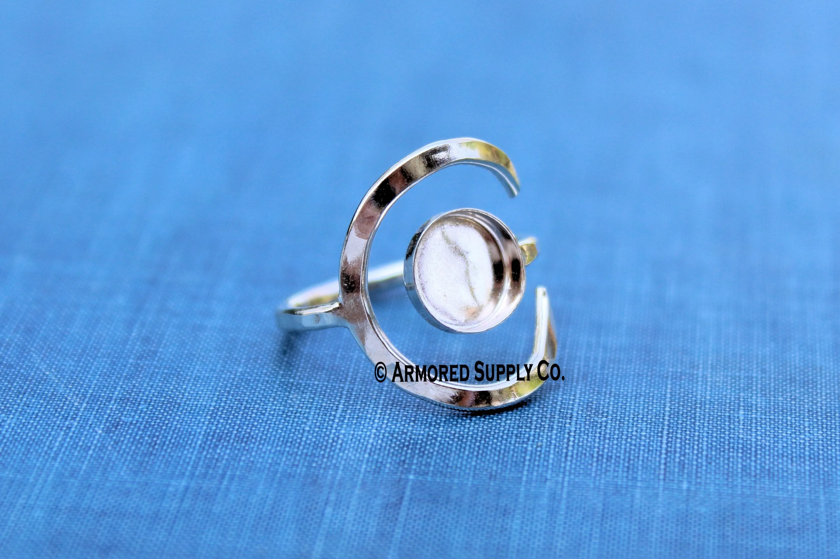 Sterling Silver Hammered Crescent Moon Open Adjustable 4mm Bezel Cup Ring blank