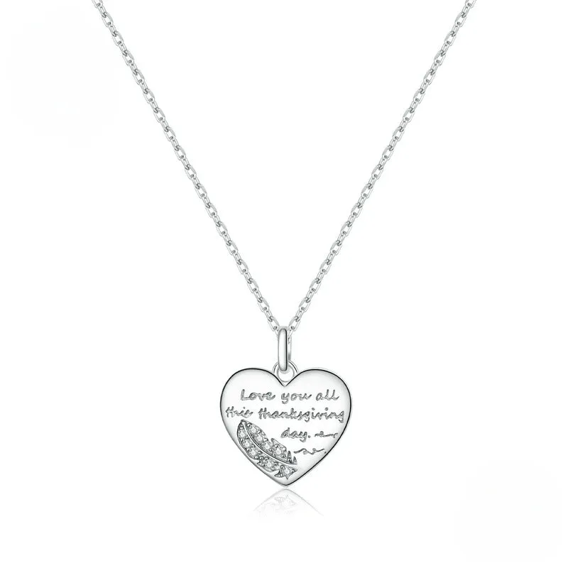 Sterling Silver Heart Shaped Feather Engraved Pendant Necklace