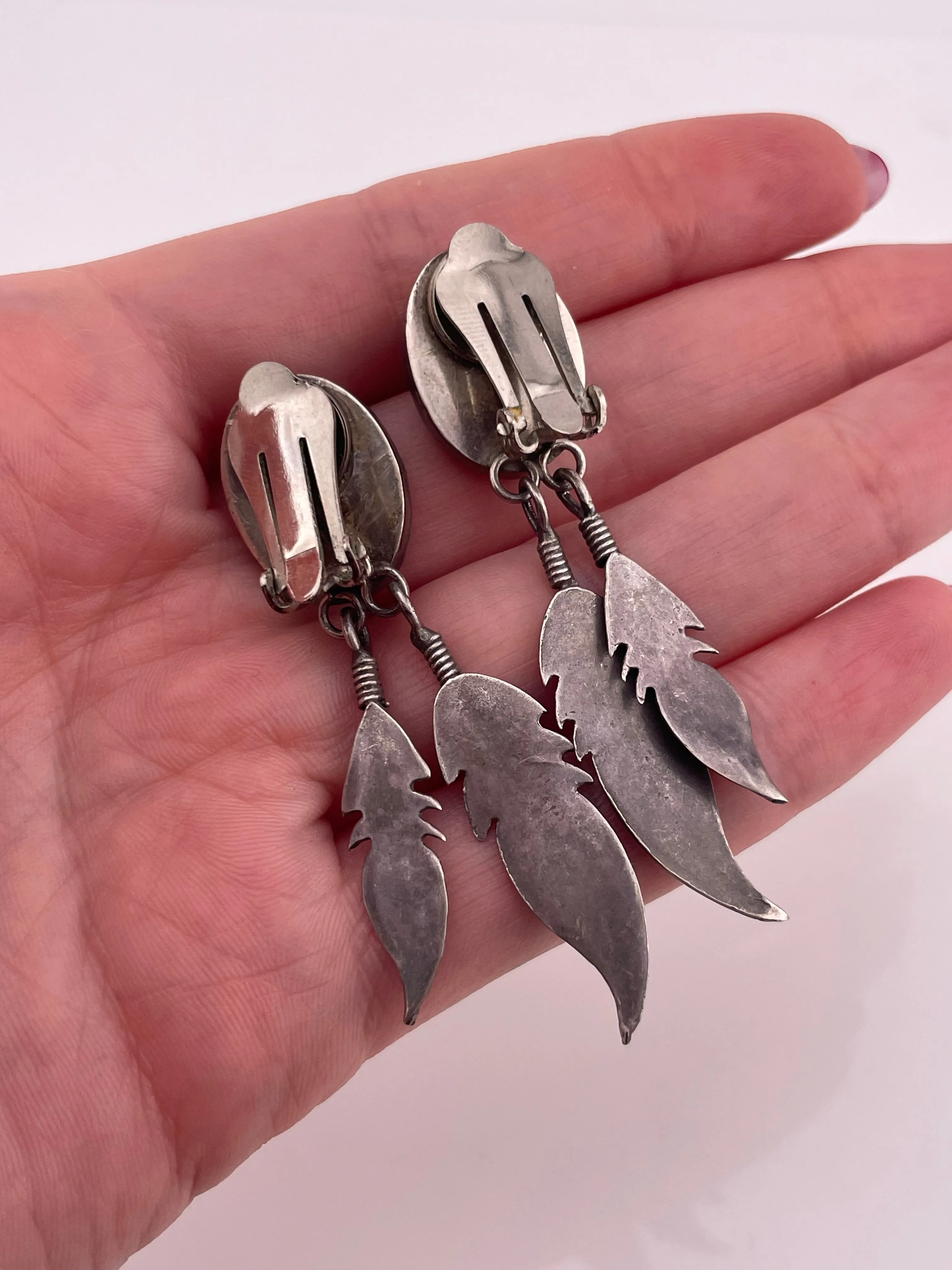 sterling silver multi-stone inlay feather clip-on earrings ***Non-sterling clip-on***