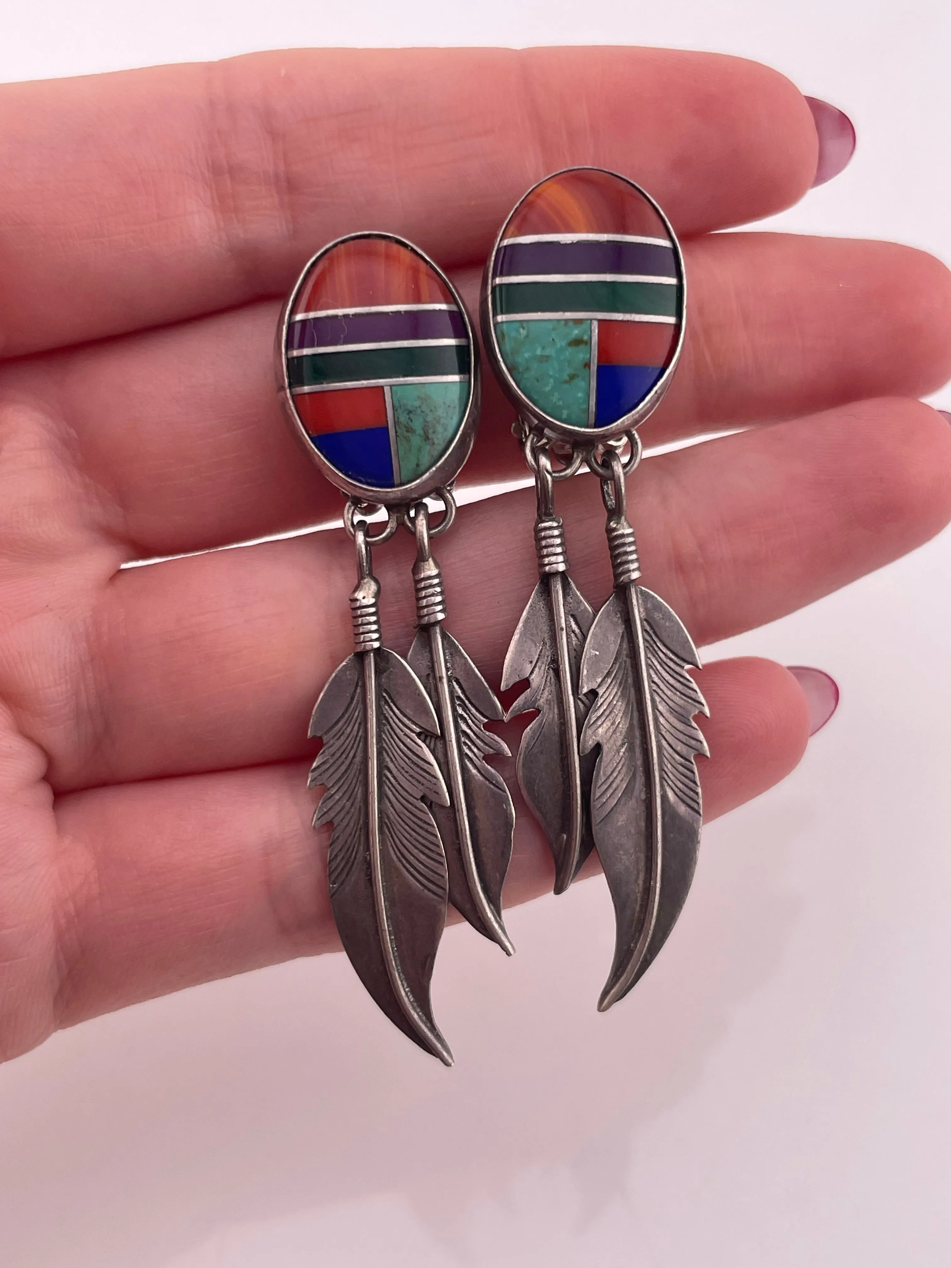 sterling silver multi-stone inlay feather clip-on earrings ***Non-sterling clip-on***