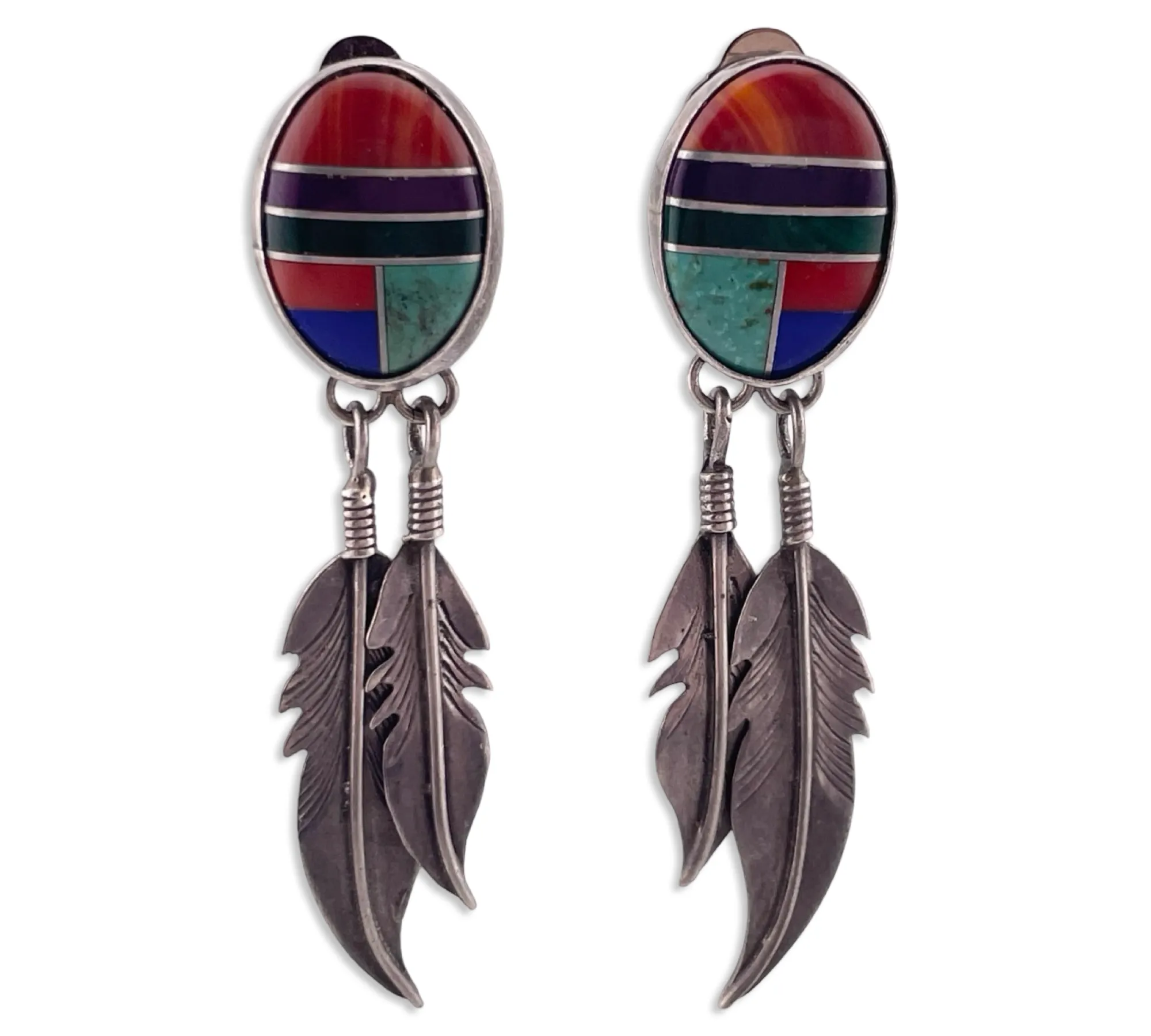 sterling silver multi-stone inlay feather clip-on earrings ***Non-sterling clip-on***