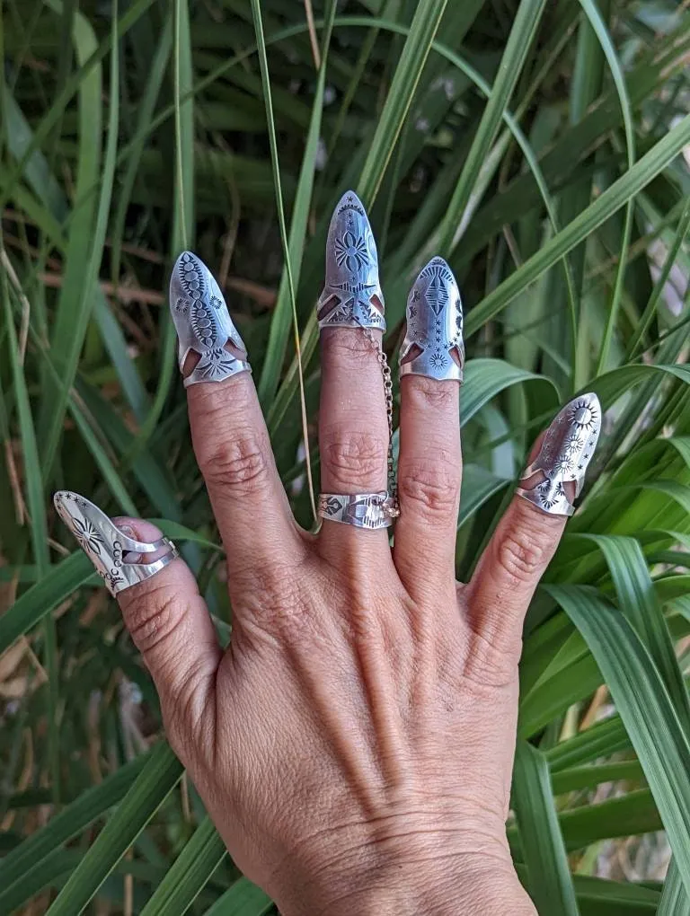sterling silver nail armor rings  aka goth style nail rings with middle finger ring and chain