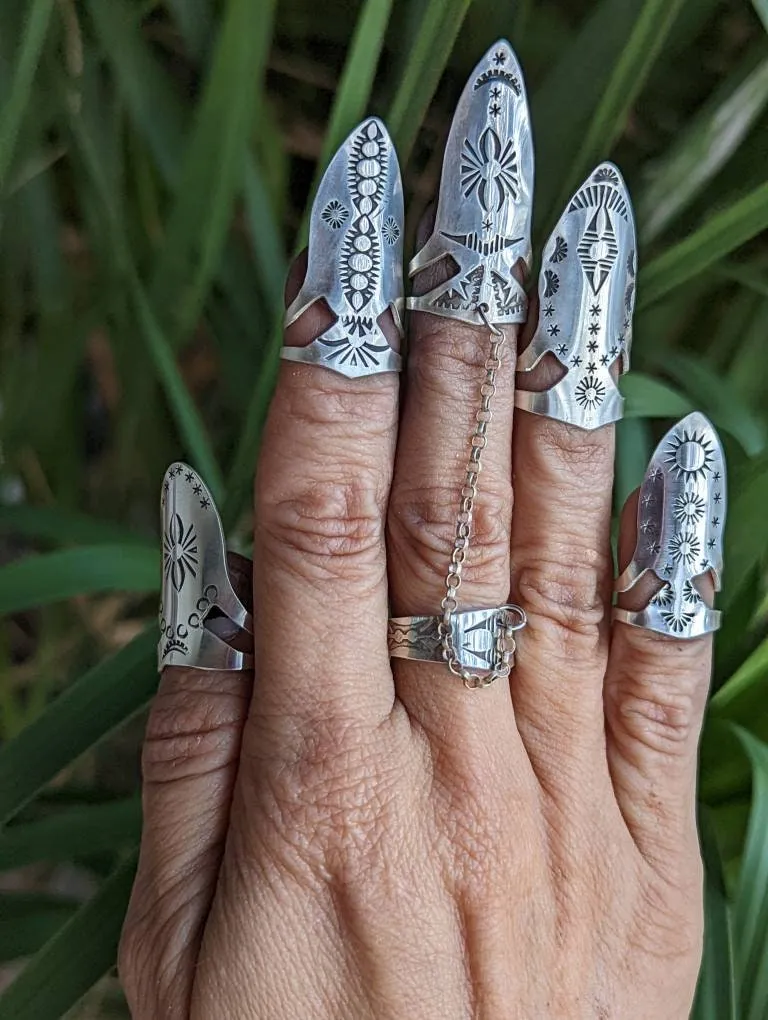 sterling silver nail armor rings  aka goth style nail rings with middle finger ring and chain