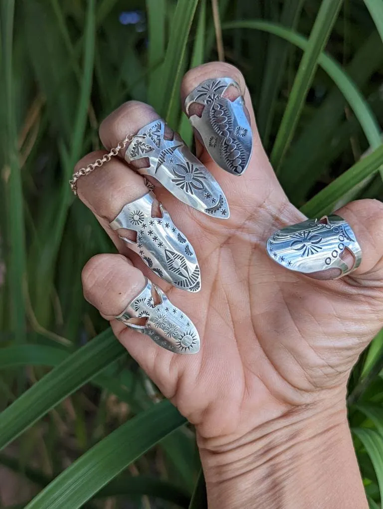 sterling silver nail armor rings  aka goth style nail rings with middle finger ring and chain