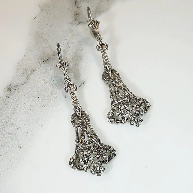 Stunning European Silver & Marcasite Drop Earrings