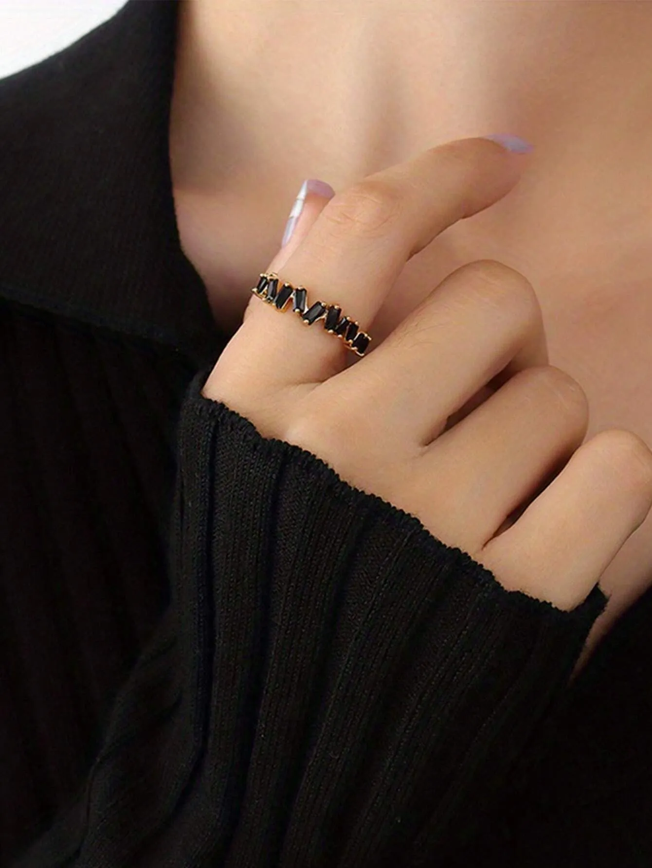 Stylish Black Rhinestone Cuff Ring