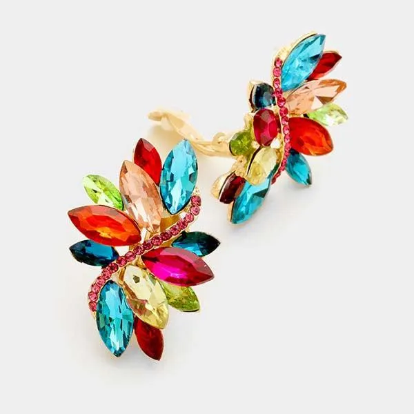 Swirl Multi Color Marquise Crystal Clip on Earrings