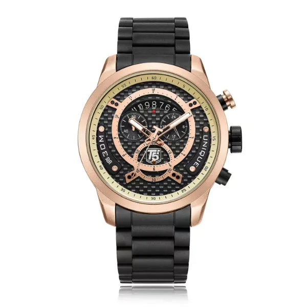 T5 Black Stainless Steel Black Dial Chronograph Quartz Watch for Gents - H3667G-E