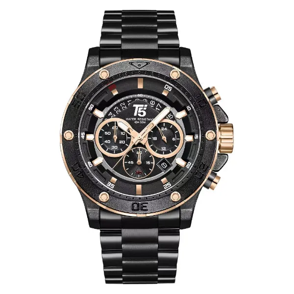 T5 Black Stainless Steel Black Dial Chronograph Quartz Watch for Gents - H3783G-B