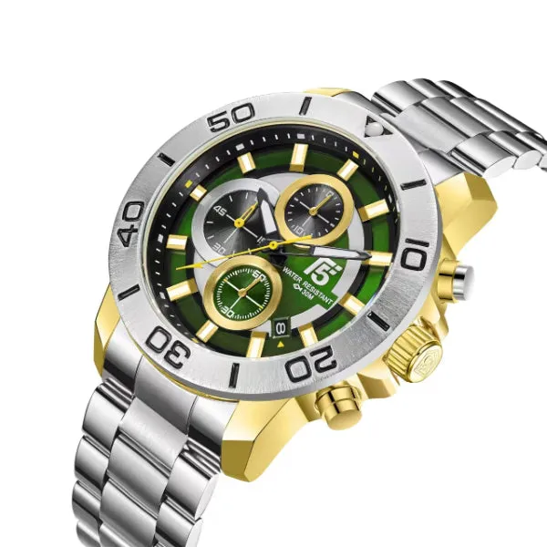 T5 Silver Stainless Steel Green Dial Chronograph Quartz Watch for Gents - H3755G-A