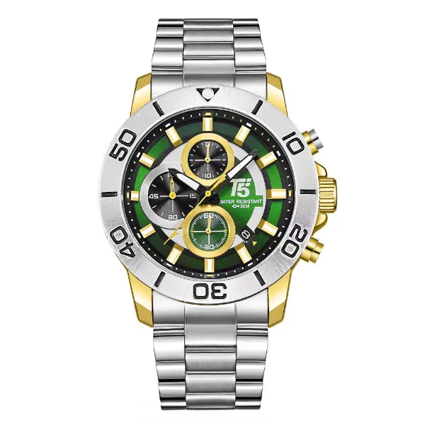 T5 Silver Stainless Steel Green Dial Chronograph Quartz Watch for Gents - H3755G-A