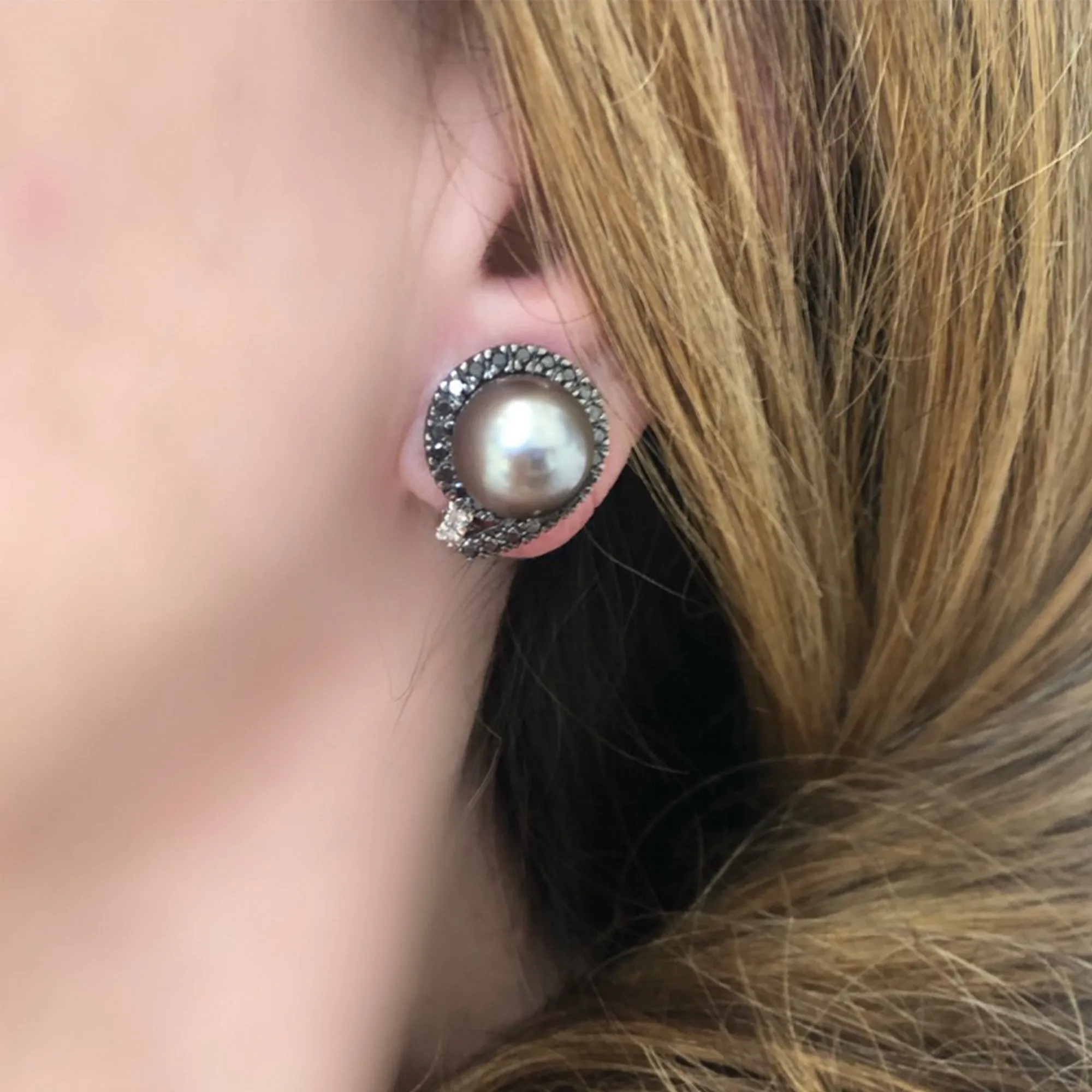 Tahitian Pearl, Black and White Diamond Clip on Earrings