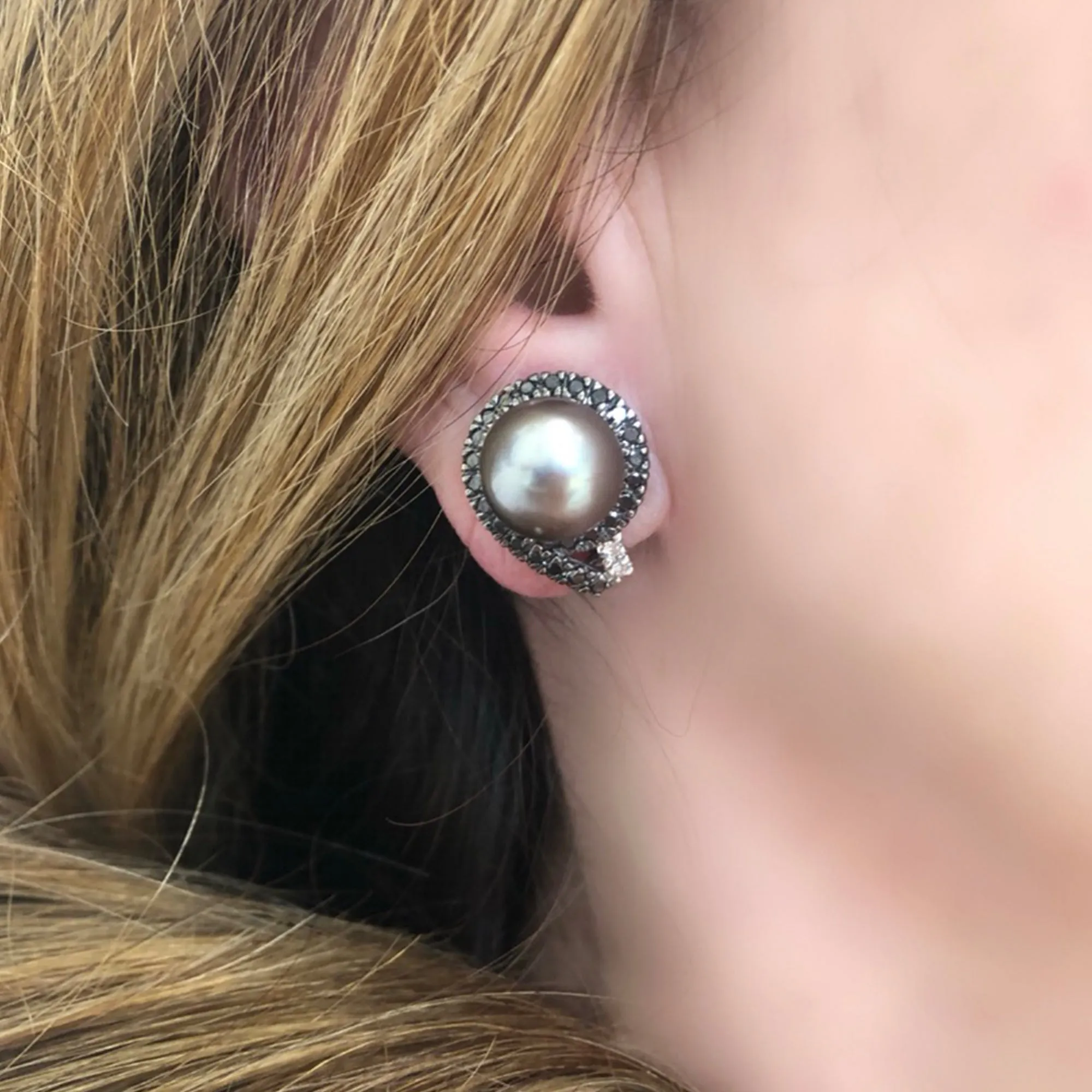 Tahitian Pearl, Black and White Diamond Clip on Earrings
