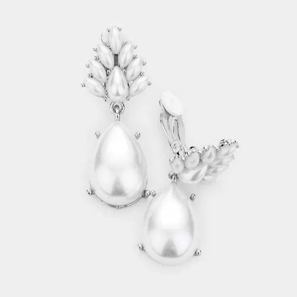 Teardrop Faux Pearl Evening Clip On Earrings
