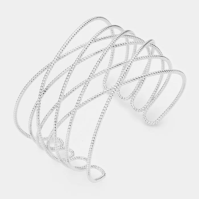 Textured Silver Metal Crisscross Cuff Bracelet | 272369