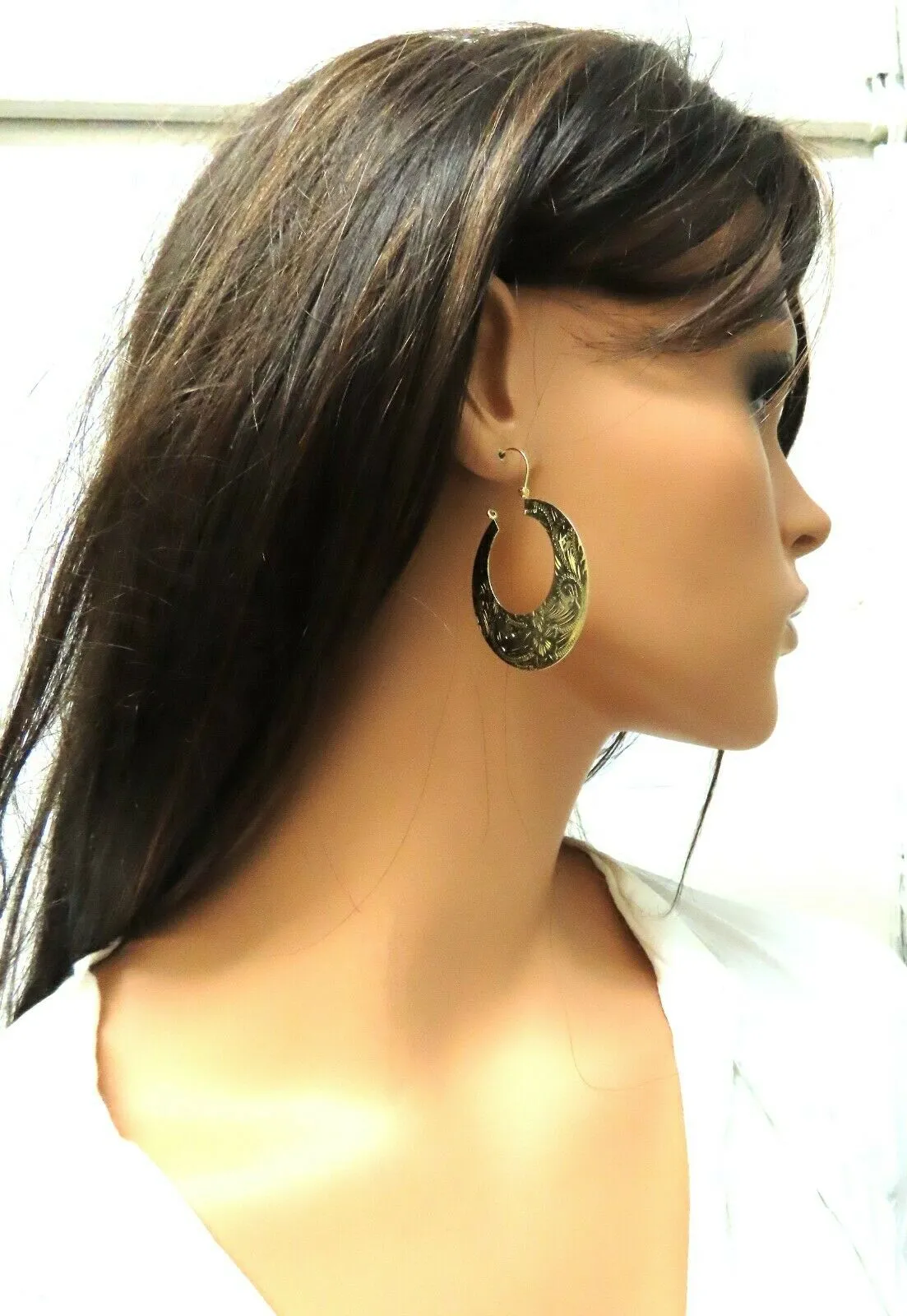 Tibetan Crescent Carved Gold Earrings 14kt 1.6 inch