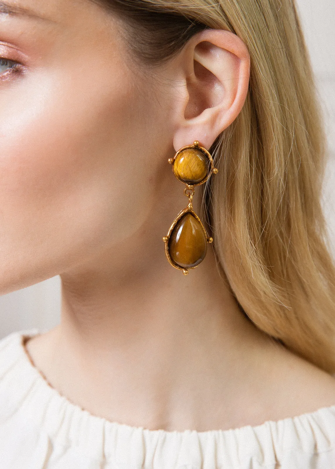 Tiger Eye 2 Pierres Dot Earrings