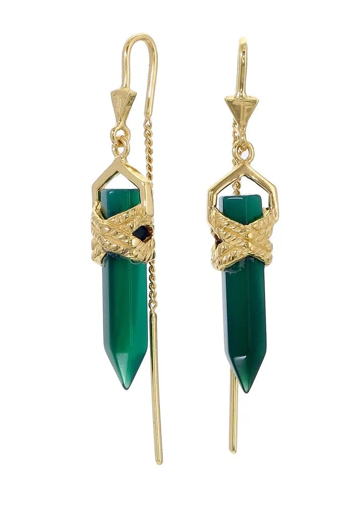 Tiger Frame Gold Rope Bezel Earrings - Green Onyx