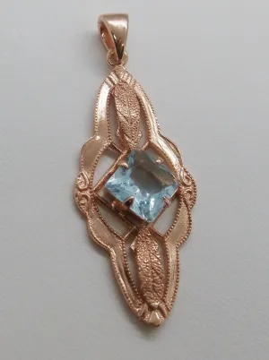 Topaz Pendant, Rose Gold, Natural Sky Blue Topaz Victorian Necklace #P6