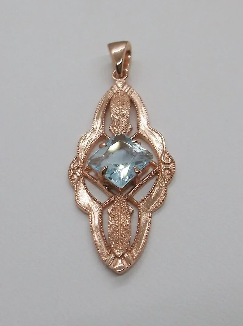Topaz Pendant, Rose Gold, Natural Sky Blue Topaz Victorian Necklace #P6