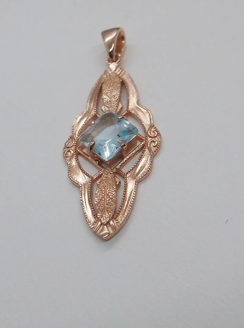 Topaz Pendant, Rose Gold, Natural Sky Blue Topaz Victorian Necklace #P6